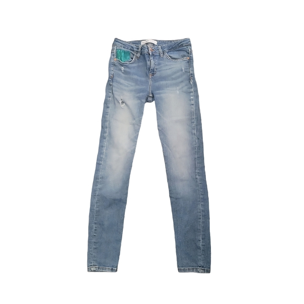 ZARA Womens Size 4 Distressed Skinny Sequin Pocket Light Wash Jeans